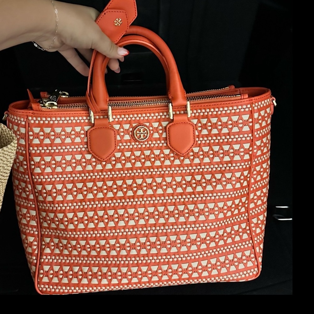 Tory Burch Woven Leather Robinson Poppy Coral Convertible Satchel